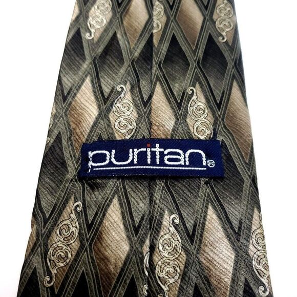 Puritan Green Tan Abstract Geometric Print Wide Silk Tie - Picture 3 of 6
